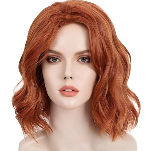 2Pcs Perücke Mädchen Rot, Lockig Damen Gewellt Perücke Kurz Damen Perücke-Kappe mit Orange Braun Wig Kurz Cosplay Perücke für Karneval Halloween Fasching Kostüme Party