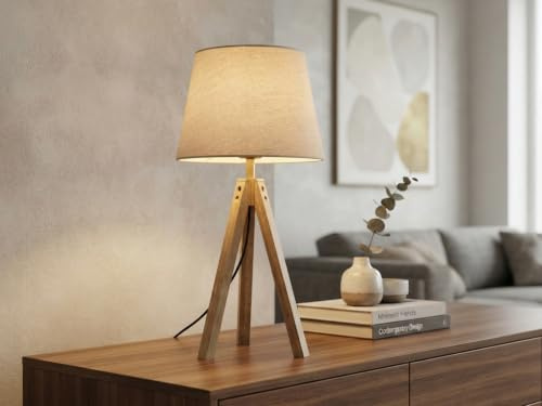 meineWunschleuchte Große Tischlampe Dreibein aus Holz Schirm Leinen Beige | Höhe 55cm, E27, mit Schnurschalter, gemütliche Nachttischlampe, skandinavisches Design, Lampenschirm aus Stoff