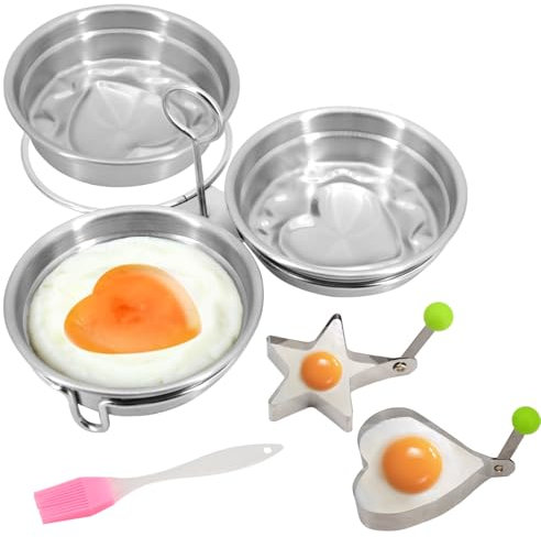 Escalfador de huevos escalfados de acero inoxidable para 3 huevos, olla de huevos en forma de corazón con 2 anillos para freír, molde antiadherente para huevos hervidos suaves para almuerzo elegante