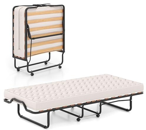 COSTWAY 90x200cm Gästebett Klappbar, Faltbett mit Matratze aus Memory Foam Schaum, Stabiler Metallbett bis 120 kg, Made in Italy, Klappbett auf Rädern, für Gästezimmer & Camping, Tragbares Bett, Beige