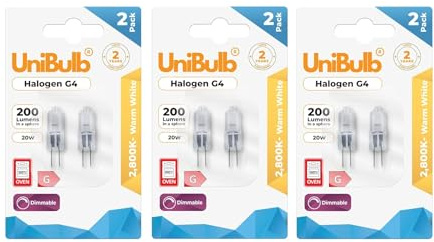 Unibulb G4 Halogen Capsule Light Bulb, 200 lumens, 20W, 2 Pin Base, 2800K (Warm White), 300℃ Heat Tolerant for Oven/Microwave, Dimmable, 2yr Lifespan (6)