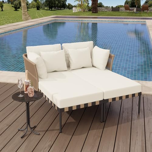 Merax Outdoor Loungesessel,Modulares Gartensofa, Loungemöbel Balkonmöbel-Set Loungebett mit abnehmbaren Kissen für Balkon & Terrasse, inkl. Couchtisch aus Glas, wetterbeständig, 4 Kissen, Beige