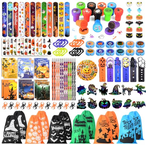 Halloween Party Bag Fillers for Kids, 194PCS Halloween Party Favors Stationery Set with Stamps, Notebooks and Pencils, Goodie Bag Stuffers Bulk Trick or Treat Toys, Classroom Prizes School Gifts Kids