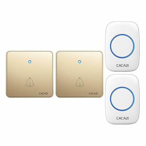 SLDAGe Timbre Inalámbricos 2 Pulsadores 2 Receptores, Timbre IP68 Inalámbrico Impermeable Puerta, 5 Volumen Ajustable, 60 Melodías, Timbre con 300 Metros, Jardín, Oficina,White Gold