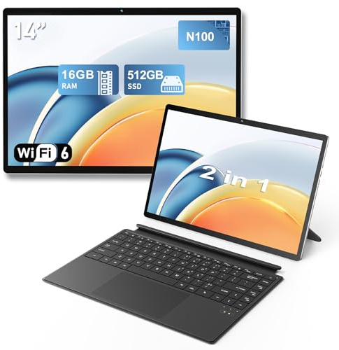 FUNYET Ordinateur Portable 2-en-1, système Win 11 14 Pouces, équipé d'un processeur N100, 16 Go de RAM + 512 Go de SSD, Clavier rétroéclairé Laptop, écran Tactile et Port Type-C.