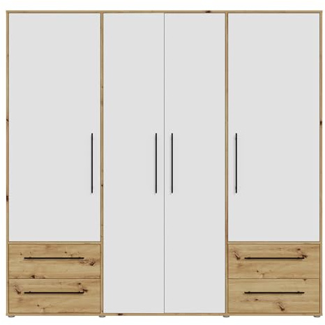 Forte MOKKARIS Kleiderschrank 200 210, moderner Drehtürenschrank, 4-türig, 4 Schubladen, Holzwerkstoff, Weiß mit Artisan Eiche Holzdekor, 205,9 cm breit x 200,1 cm hoch x 58,8 cm tief