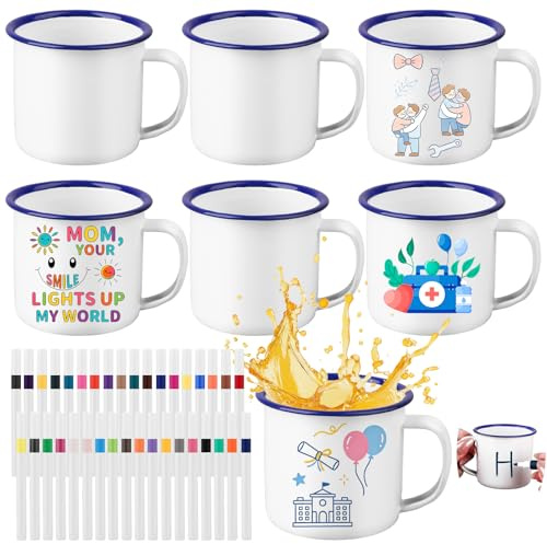 42 Pcs Painted Mug Kit Bulk 12 oz Enamel Mugs Color Your Own Cups White Enamel Mug Vintage Round Water Milk Tea Mugs DIY Coffee Cup for Craft Decor Drinking Christmas Mothers Fathers Day(6Cup, 36Pen)
