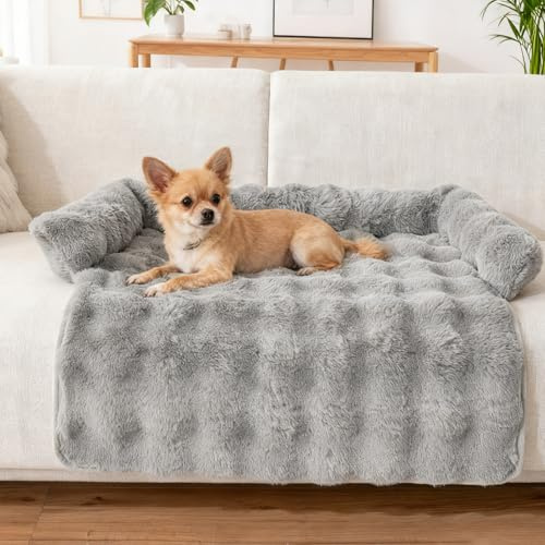 BUERPINKING Hundebett für Sofa, Hundedecke Sofa mit Rand, Hundebett Flauschig, Waschbar und rutschfest Hundekissen, Katzensofa Katzennest für Katze Kleine Hunde Mittelgroße Hunde, 75x75cm, Hellgrau