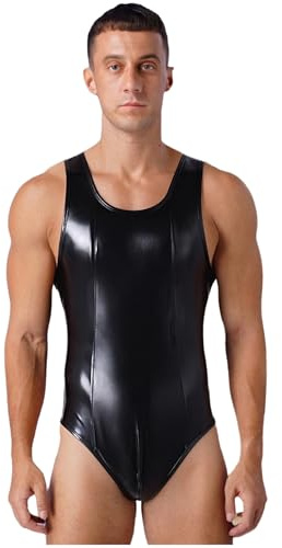 Rswnyirn Mens Sexy Faux Leather Bulge Pouch Tank Leotard Wet Look Sleeveless High Cut Leotard Black XL