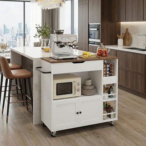 YU YUSING Desserte Cuisine à roulettes avec Plan de Travail Extensible | Plan Extensible 79-104cm, 4 Étagères, 2 Tiroirs, Étagère Épices,Îlot Central Cuisine Mobile, Meuble Micro-ondes, Blanc/Marron