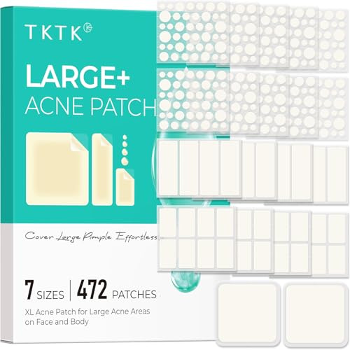 TKTK Large Pimple Patches for Face, 7 Sizes XL Acne Patches, Big Hydrocolloid Bandages for Body, Chin, Forehead, Chest, Back Zit Breakouts, Hydrocolloid Patch (Strip, Square, Dot 472 Count)