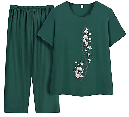Conjunto de Dos Piezas para Mujer Manga Corta Estampado Verano Tejido Confortable Algodón Seda Diseño Elegante Casual (Green, XXXXL)