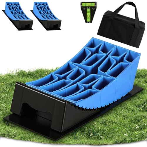 Cuñas para autocaravana de 13,5 t – Juego de 2 con 8 niveles de bloqueo de 2 – 10 cm, doble sistema antideslizante, incluye alfombrillas de goma y nivel de burbuja, para caravanas y eje doble, perfil