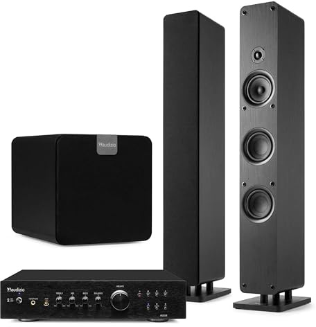 Audizio Arco – Pack 2 Altavoces de Torre pasivos 320W en Total con Amplificador Bluetooth 5.0, subwoofer 8, Entrada óptica y Cables RCA, Equipo Sonido para TV Home Cinema, 480W, Color Negro
