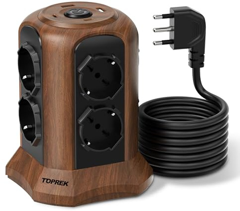 TOPREK Multipresa Verticale Colore Marrone Legno con 8 Prese, 2 Metri Cavo | 2 USB C(20W PD3.0 Ricarica Rapida) e 2 USB A e 8 Universali ITA 10/16A Schuko e 1 Interruttore, 3680W/16A Spina Gomito 90°
