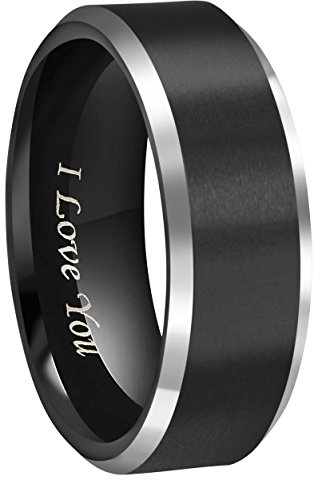 CROWNAL 8mm Black Tungsten Couple Wedding Bands Rings Men Women Polished Beveled Edges Matte Brushed Finish Engraved I Love You Size 3.5 To 17 (8mm,10)