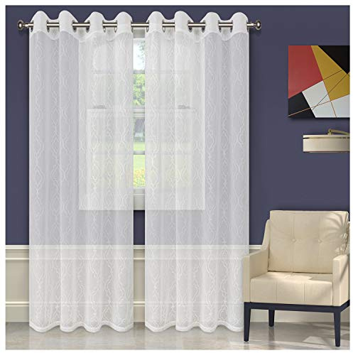 Superior Quality Lightweight Embroidered Imperial Trellis Sheer Stainless Grommets Window Treatment Curtain Panel (Set of 2) 52 x 96 - White