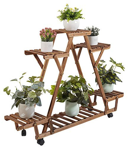 unho Estantería para Macetas con Ruedas, Soporte Plantas de Madera para Exterior Interior Jardín Balcón Estante Decorativo de Flores 91 x 25 x 81cm