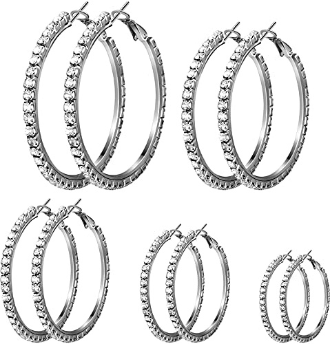 Kigeli 5 Pairs Rhinestone Hoop Earrings Set for Women, Sparkly Crystal Round Hoops 3-7 cm Sizes, Lightweight Large Statement Jewelry for Party Wedding Prom Night Date Outfit Accessories Gift(Silver)