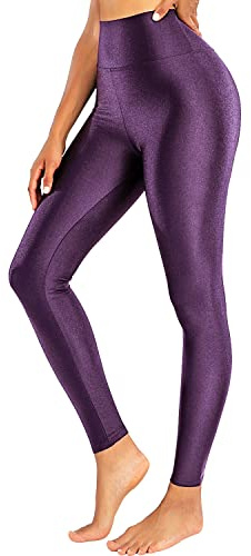 Sghenr Dam hög midja yogabyxor magkontroll glänsande sporttights träning leggings, Lila, S