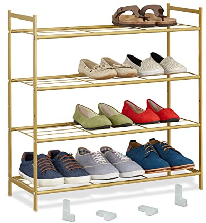Relaxdays Skohylla, metall, med 4 plan, stapelbar, utbyggbar, HBT 70 x 70 x 26 cm, för upp till 12 par skor, guld