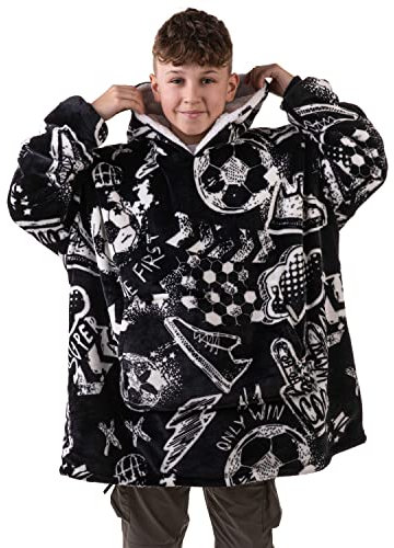 The Big Softy Oversized Blanket Hoodie Kids - Teens, Graphic Print Black Hoodie Blanket, Sherpa Hooded Blanket Kids Oversized Hoodie, Teens Blanket Hoodie, Football Gift for Boys or Girls (Football)