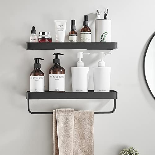 Celbon 30CM Badezimmerregal Duschablage Glas Duschregal Glasregal Wandregal Badezimmer Badregal Glasablage Wandmontage Ohne Bohren Aluminium Eloxiert Schwarz（2 Stück,Mit Handtuchhalter）