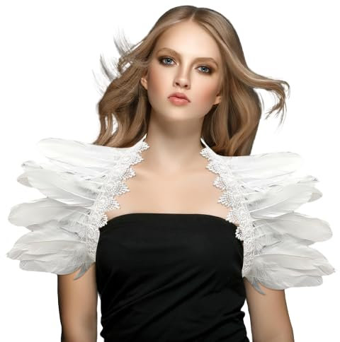 Darryy Federumhang, Feder Kostüm, Gothic Halloween Kostüm Accessoires, Feder Cape Weiß, Geeignet für Halloween, Karneval, Cosplay, Maskerade, Bühnenshow (Weiß)