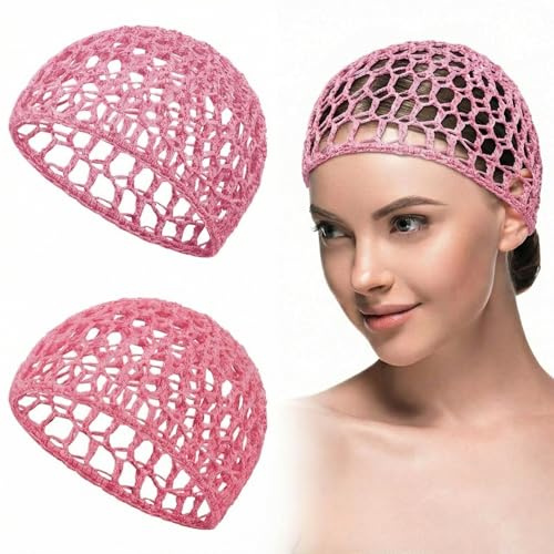 Geyoga 2 Pieces Mesh Crochet Hair Net Rayon Knit Snood Cap Cover Crocheted Shower Caps Sleep Hat for Women(Pink)
