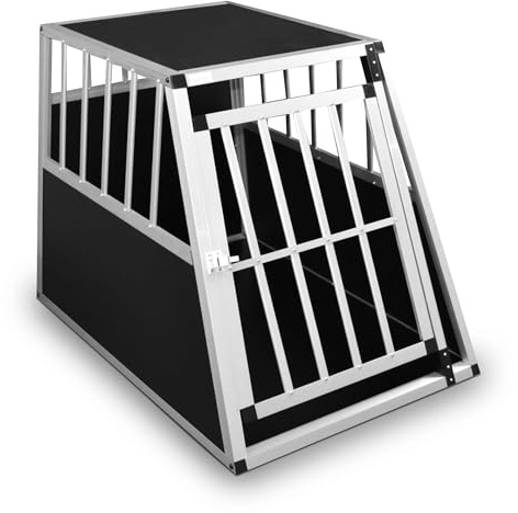 Defacto Caja transportadora de aluminio para perros, con rejilla, puerta con cerradura, caja de viaje para auto, transportín para perros (plata, (XL) 91x65x69 cm)