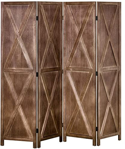 HOMCOM Paravento interno 4 pannelli 182 x 170 cm, stile country chic, divisorio con traverse, legno di paulownia, noce