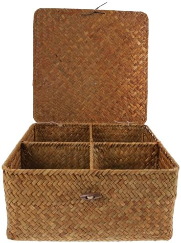 IMIKEYA Strohgeflochtener Korb mit Deckel Aufbewahrungsbox aus Naturmaterialien Tischaufbewahrungsbehälter für Kleinigkeiten Organizer für Heimdekoration und Organisation