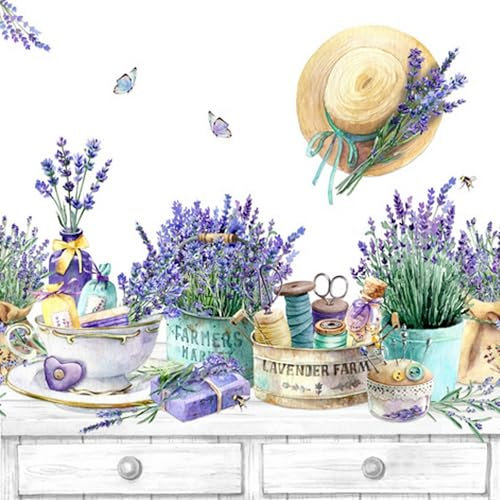 20 servilletas de flores, jardín y naturaleza, colección de lavanda como decoración de mesa. Servilletas de papel con diseño. También para decoupage y decoupage, 33 x 33 cm