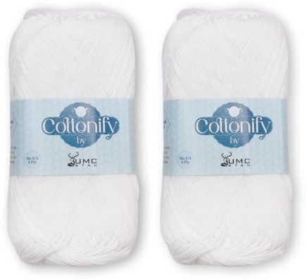 Cottonify DK Weight Lot de 2 pelotes de fils à crochet et à tricoter 100 % coton peigné mercerisé | 4 plis, poids moyen | Gassed & Mercerisé Ne 6/4 - 186 m - 100 g par pelote - (2, blanc)