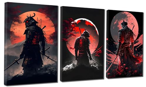 VTRXEG Japanische Samurai Bilder, Rot Samurai Portrait Kunstdrucke Poster Set,Modern Wohnzimmer Schlafzimmer Dekoration Poster Ohne Rahmen (3x40x60cm,Samurai-1)