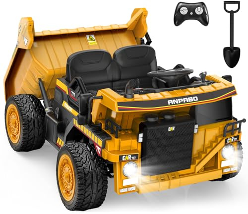 ANPABO 24V Ride On Dump Truck, 2X75W Powerful Motors, Up to 4.4Mph, EVA Tires, Construction Vehicle w/Electric Dump Bed and Extra Shovel, 19 Spacious 2 Seater, Kids Car w/Parent Remote -Yellow