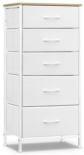 WOLTU Comoda Dormitorio, Cómoda con 5 Cajones de Tela, Cajonera Dormitorio para Armario, Salón, Pasillo, Comoda Cajonera Almacenaje con Estructura Metálica y MDF, Blanco Nube + Beige Roble