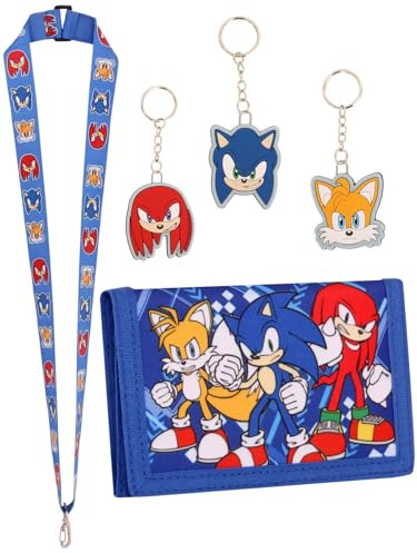 Sonic The Hedgehog Portefeuille pour garçon – Lot de 3 porte-clés et lanière – Portefeuille en toile avec porte-monnaie zippé et emplacements pour cartes avec queue et phalanges, bleu, Décontracté