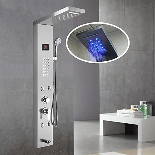 Panneau de douche en acier inoxydable 304 avec pommeau de douche à LED cascade, douchette à main, 4 jets de massage et bec de baignoire 6 fonctions (argent)