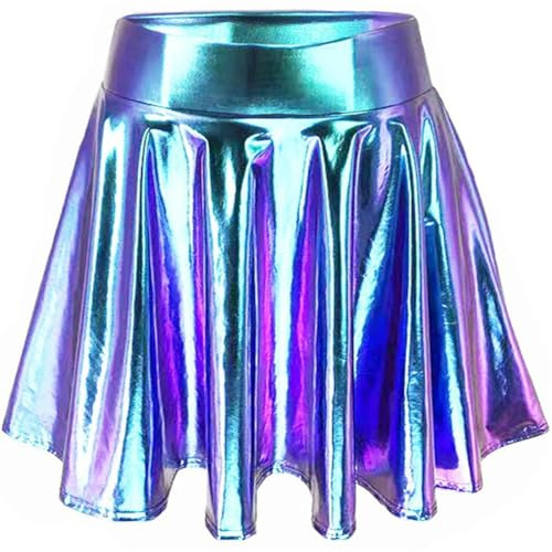 Damen Glänzend Metallisch Rave Party Stretch Skater Mini Rock Hohe Taille Elastischer Plisseerock Pull On Faltenrock M