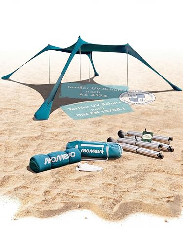 MOMEVO Sunsail Tenda da Spiaggia UPF50+ – Parasole ideale per mare e campeggio (fino a 6 persone, blu petrolio)