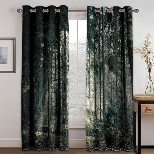 Mesnt Thermovorhang Hitzeschutz, 152x229cm Schwarz Grün Wald Vorhang für Fensterbehandlung Wohnzimmer/Küche