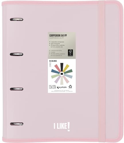 Grafoplas - Archivador 4 Anillas Plastico a4 con Recambio, Carpebook Like Rosa Soft, Incluye Hojas Cuadros 90g 5x5 Bordes Color, Separadores, Sobre con Cierre, Pegatinas y Hojas Planner, Lomo Curvo