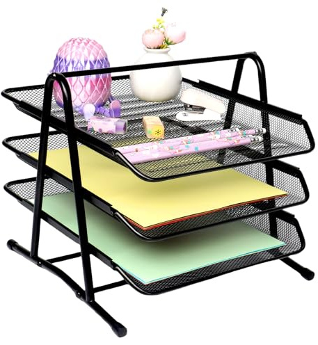 HMXLJJY Metal Mesh Desk Organiser, 3-Tier Letter Tray Office Filing Trays Holder, Stackable Document Organiser, Stacking Supports Document Filing Trays for Home Office School,Black