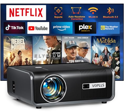 【Netflix Oficial & Auto Focus/Keystone】 Smart Proyector 1080P Full HD WiFi Bluetooth, VOPLLS 28000Lumen Proyector para Movil/Exterior/Cine en Casa para iOS/Android/PPT