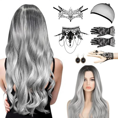 Perücke Halloween Damen,Perücke Frauen Kostüm,70cm Grau Lang Wellte Lockig,mit Haarnetz,Spitzenhandschuhe,Spitze Maske,Gotisch Halskette Armbänder ohrringe,für Halloween Cosplay Maskerade (A)
