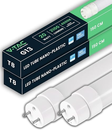 V-TAC 2x Tubo LED 150 cm - T8 G13-20 W - 2100 lumen - Chip Samsung - Tubi LED per Soffitto, Parete, Garage, Tenda - Tubo LED forma T8 - Sostituzione neon - Luce 4000 K Bianco Naturale