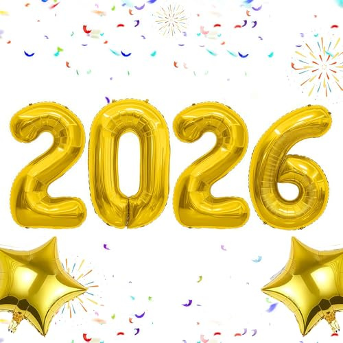 Flankor 2026 Balloons - 16 Inch Happy New Year Silver Foil Number Balloons for New Years Eve Decorations (Gold)