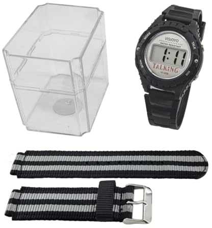 VISIOYO Sprechende spanische Uhr für Blinde & Sehbehinderte - Einfach zu bedienende Sprachansagen-Uhr mit gesprochener Zeit/Alarm - Inklusive Silikonarmband + extra Nylonband