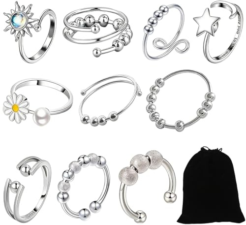 EduPlayte Anello Antistress per Donna, Anelli Spinner Con Perline, Impilabili Anelli Antistress, Regolabile Aperto Fidget Ring, Donna Acciaio Inossidabile Boho Anelli Aperto